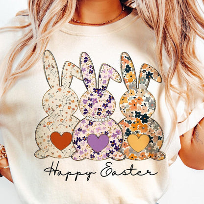 DTF Transfer Happy Easter - Vintage Floral Bunny Trio Design