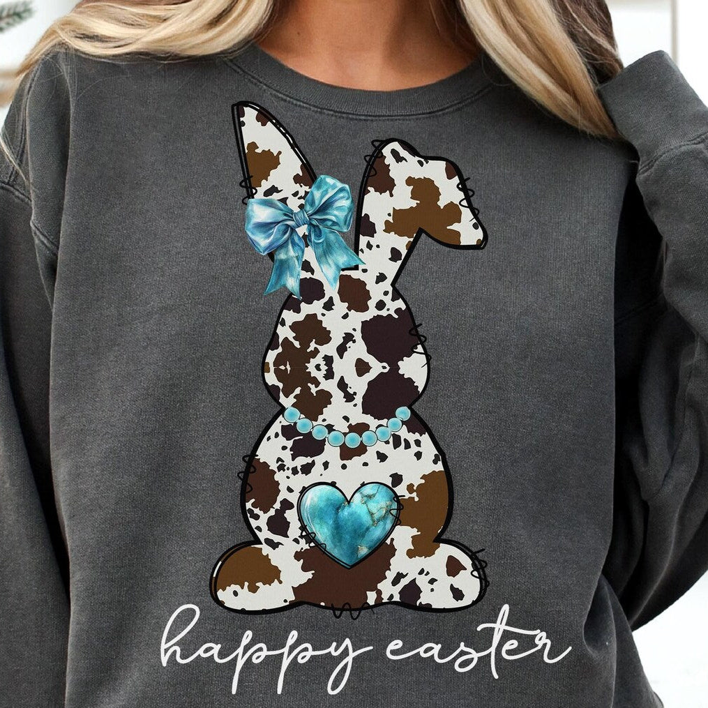 DTF Transfer Happy Easter - Western Cow Print Bunny Design