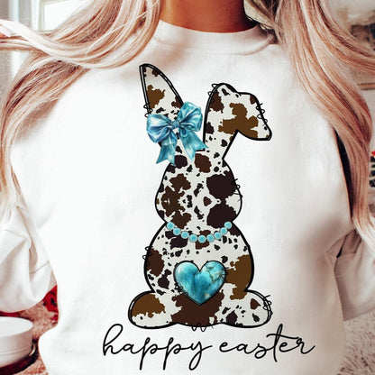 DTF Transfer Happy Easter - Western Cow Print Bunny Design