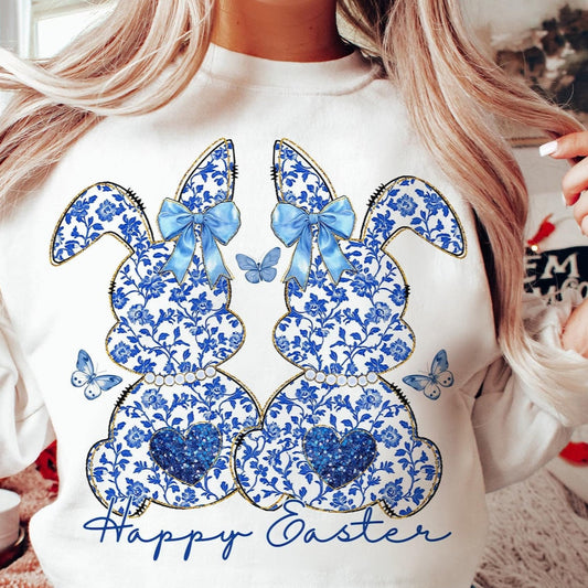 DTF Transfer Happy Easter - Blue Floral Bunny Design