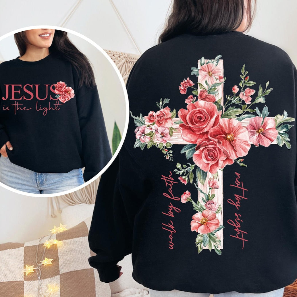 DTF Transfer Jesus Is the Light - Floral Cross Christian Design