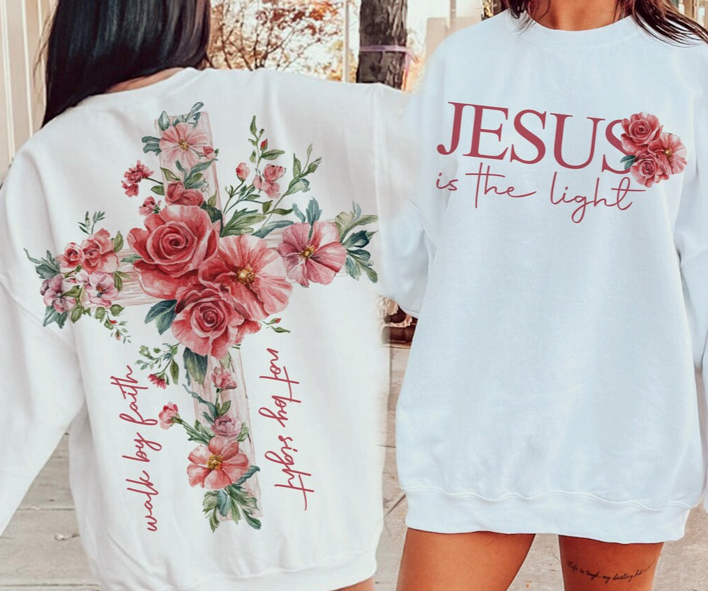 DTF Transfer Jesus Is the Light - Floral Cross Christian Design