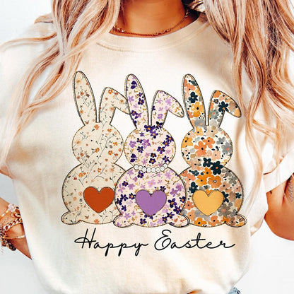 DTF Transfer Happy Easter - Vintage Floral Bunny Trio Design