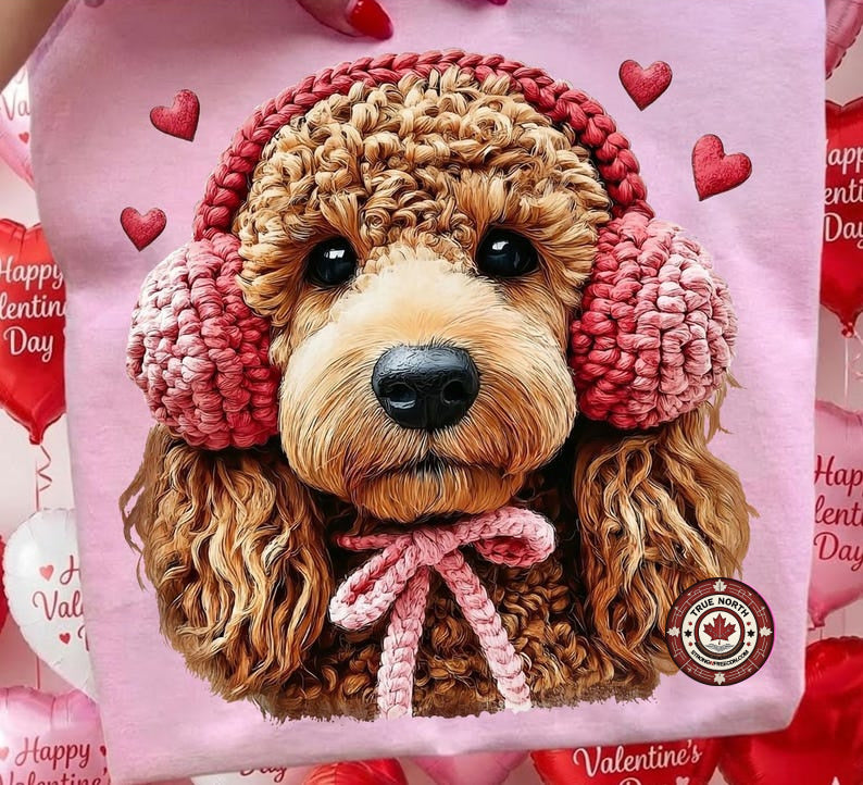 DTF Transfer Cute Dog with Pink Earmuffs Graphic Wool Effect