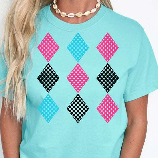 DTF Transfer Retro Diamonds – Pink, Aqua & Checkered Pattern Graphic