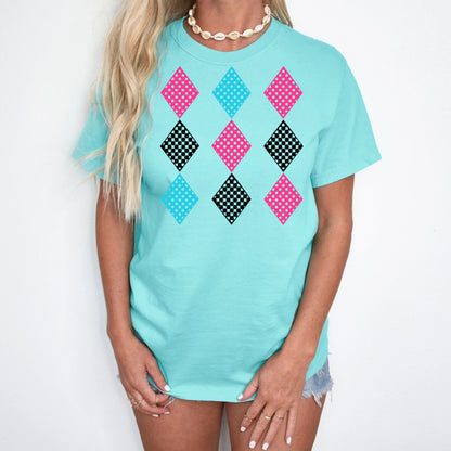 DTF Transfer Retro Diamonds – Pink, Aqua & Checkered Pattern Graphic