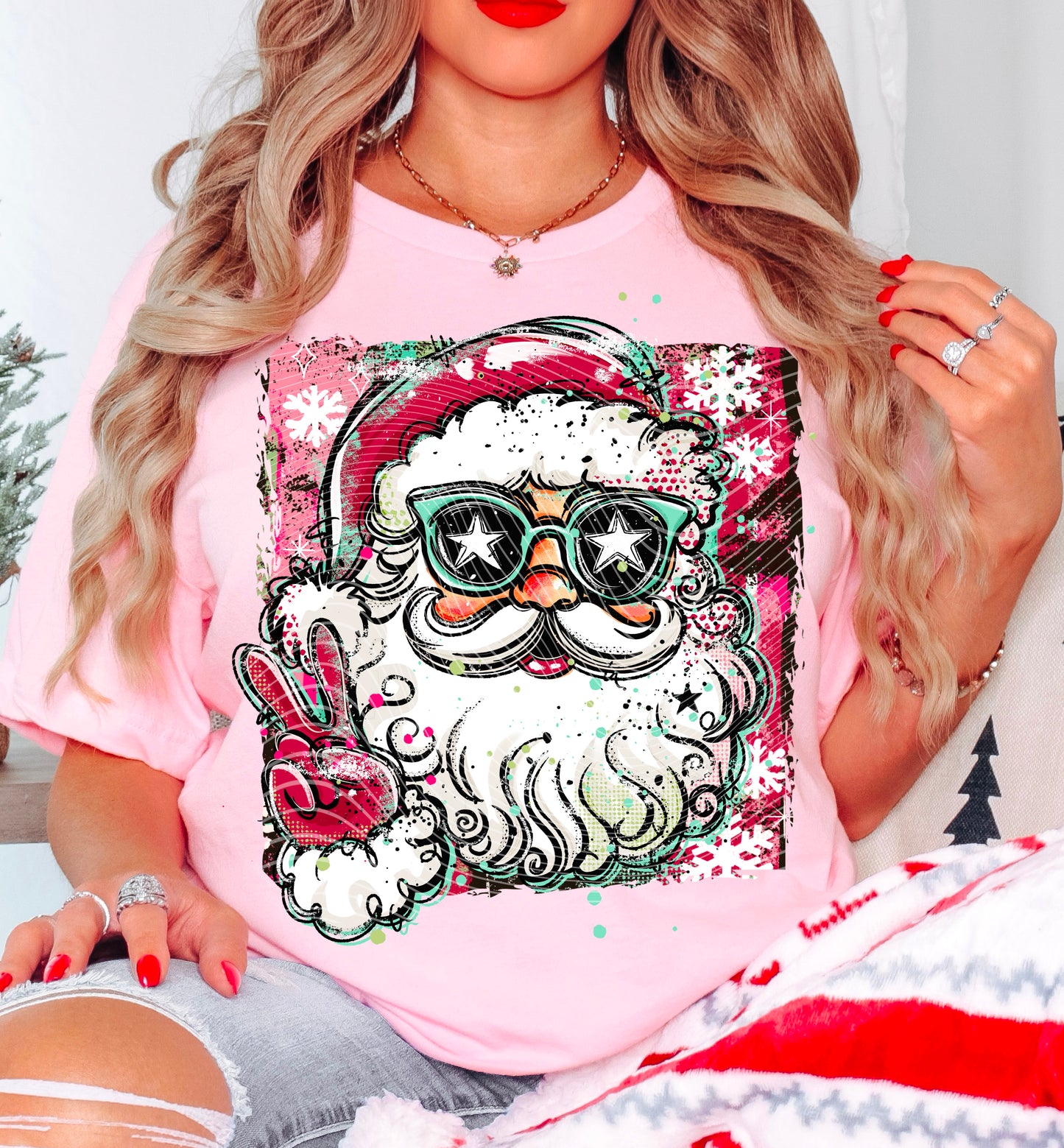 DTF Transfer – Cool Santa with Sunglasses Pink Christmas Shirt Design