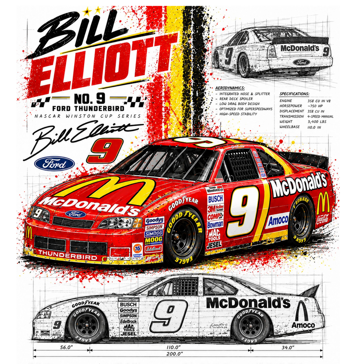 Billl Elliott No. 9 Red and Yellow Blueprint halftone DTF transfer artwork for white garments only