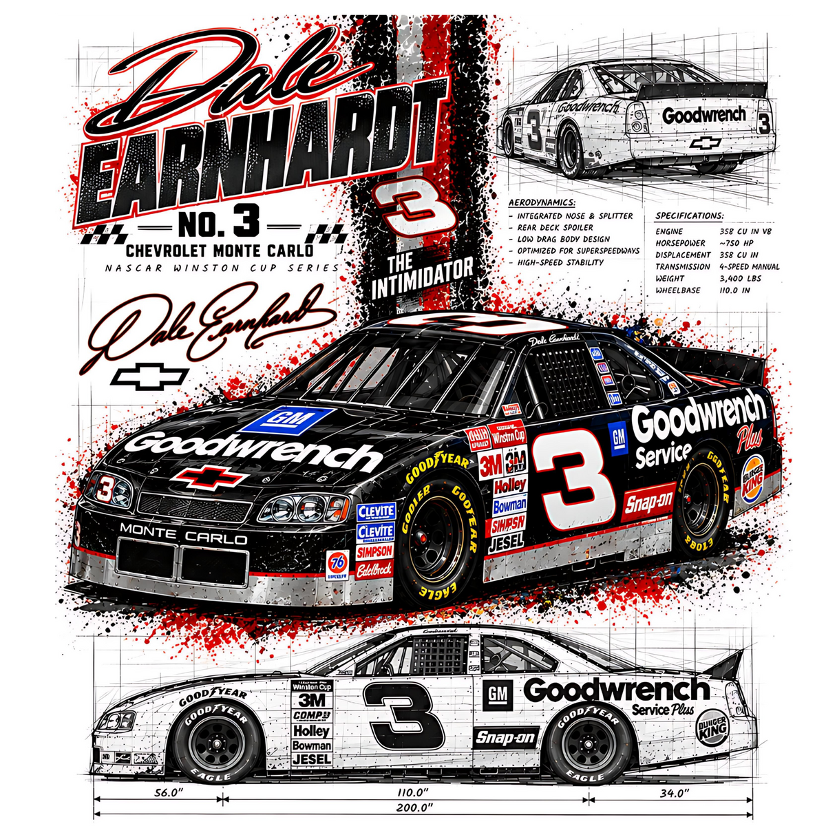 Dale Earnhardtt No. 3 Black and Red Blueprint halftone DTF transfer artwork for white garments only