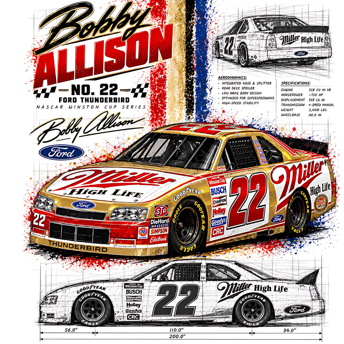 Bobby Allisonn No. 22 Gold and Red Blueprint halftone DTF transfer artwork for white garments only