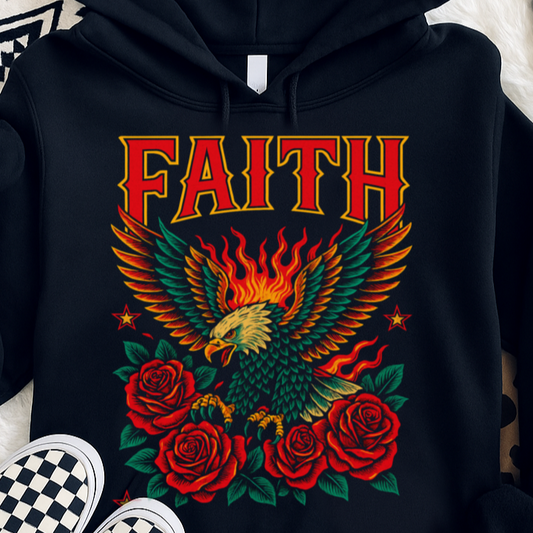 DTF Transfer FAITH – Flaming Eagle & Red Rose Tattoo Style