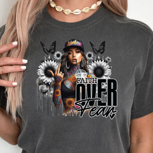 DTF Transfer – Urban Tattoo Girl Faith Over Fear Design