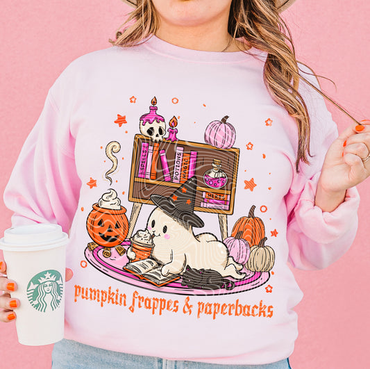 DTF Transfer Pumpkin Frappes & Paperbacks Ghost Halloween Sleeve Print
