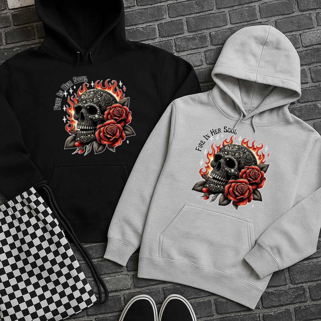 DTF Transfer Fire in Her Soul – Skull, Flames & Rose Tattoo Style Design