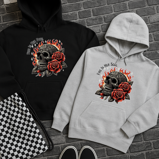 DTF Transfer Fire in Her Soul – Skull, Flames & Rose Tattoo Style Design