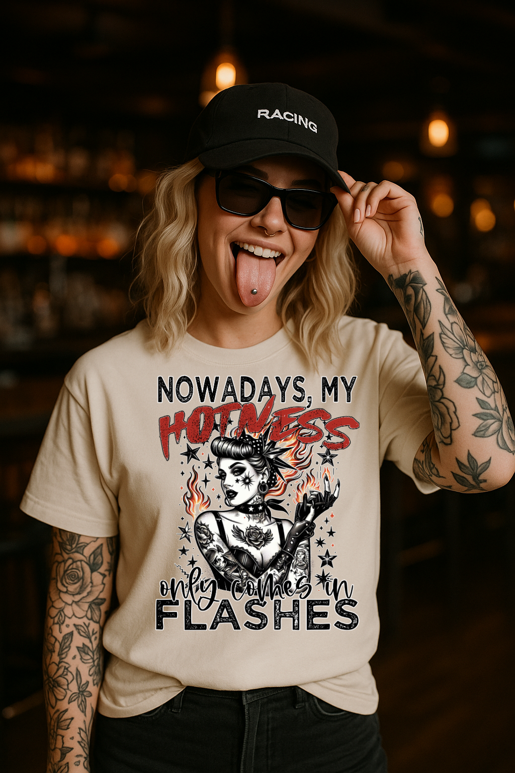 DTF Transfer My Hotness Only Comes in Flashes – Retro Tattoo Pin-Up Menopause Humor Design
