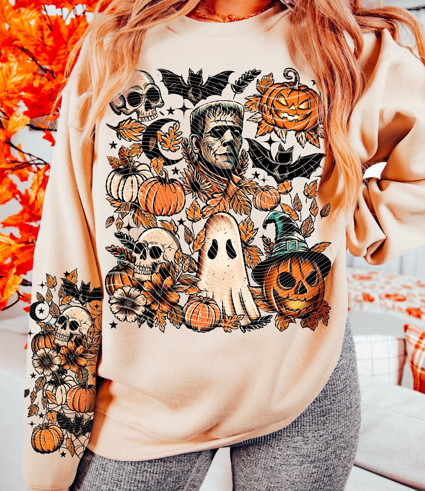 Sweatshirts T-Shirts Hoodies  Fall Halloween Frankenstein Sleeve Print