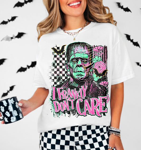 I Frankly Don’t Care Tee – Neon Frankenstein Retro Halloween Shirt