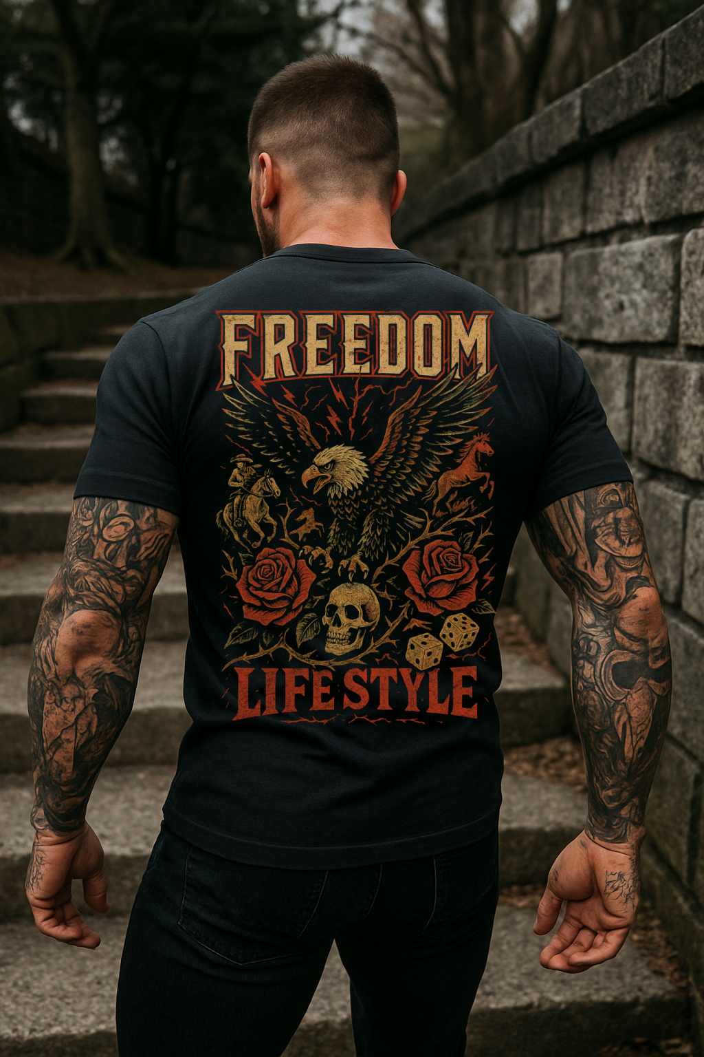 DTF Transfer Freedom Life Style – Eagle, Skull, Roses & Lightning Western Biker Graphic