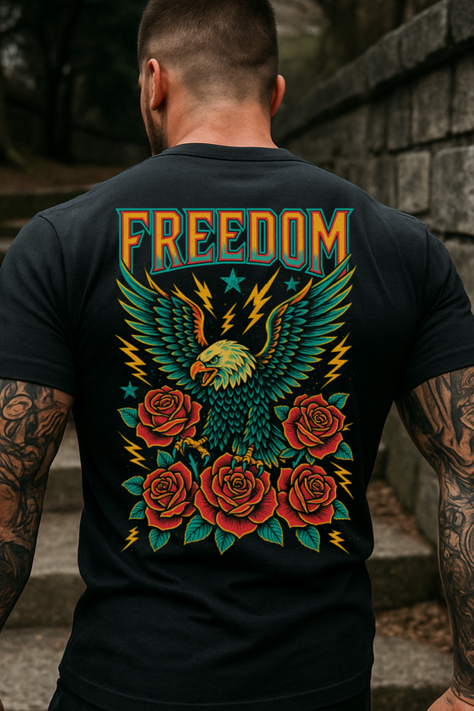 DTF Transfer Freedom Eagle – Tattoo Style Lightning & Roses Graphic