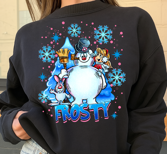 Black sweatshirt with a colorful snowman graphic and 'Frosty' text, worn by a person.