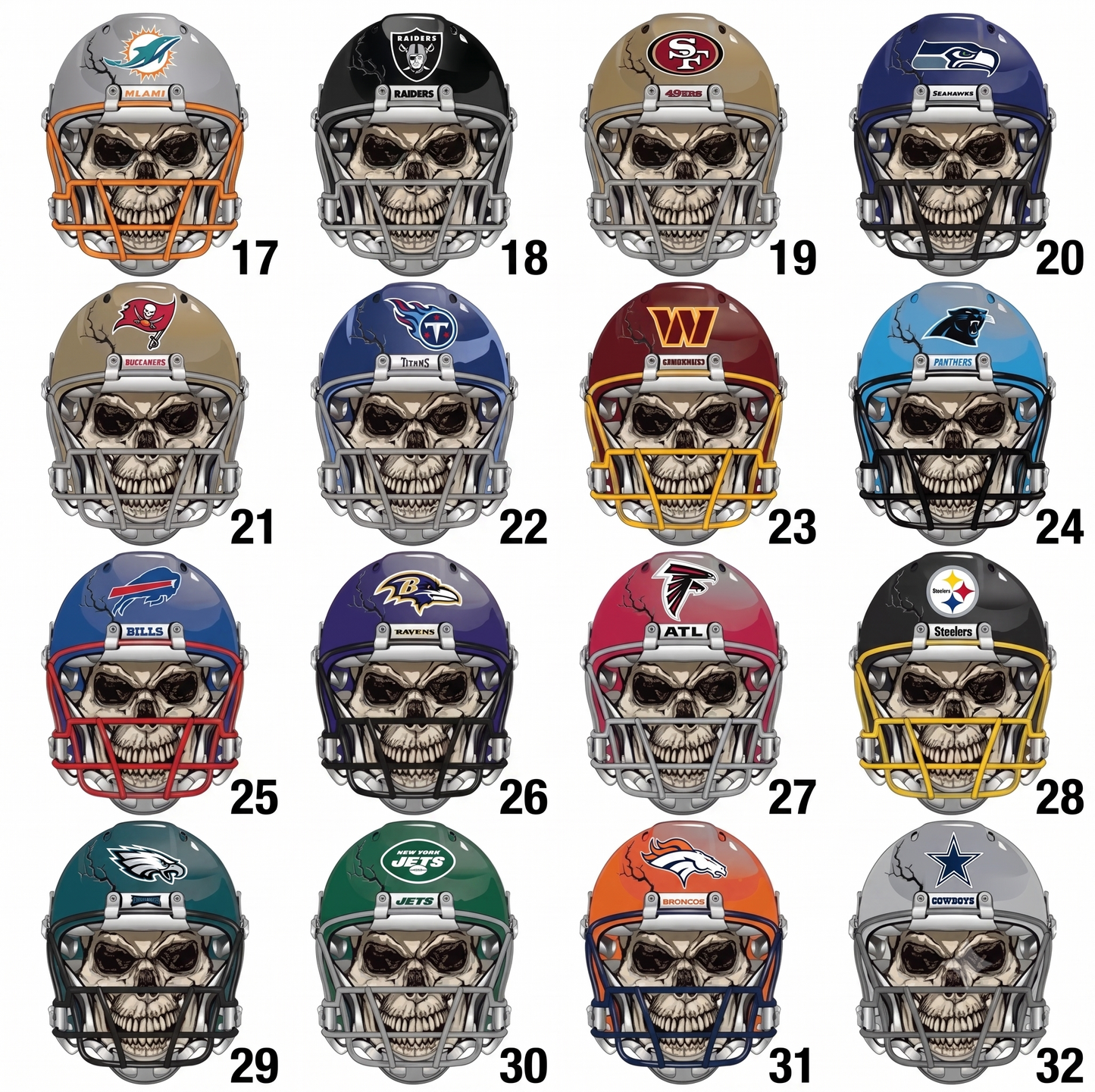 DTF Transfer 32 Football Teams Skull Helmets Designs