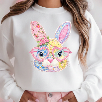 DTF Transfer Patchwork Bunny Face Pastel Easter Rabbit Design