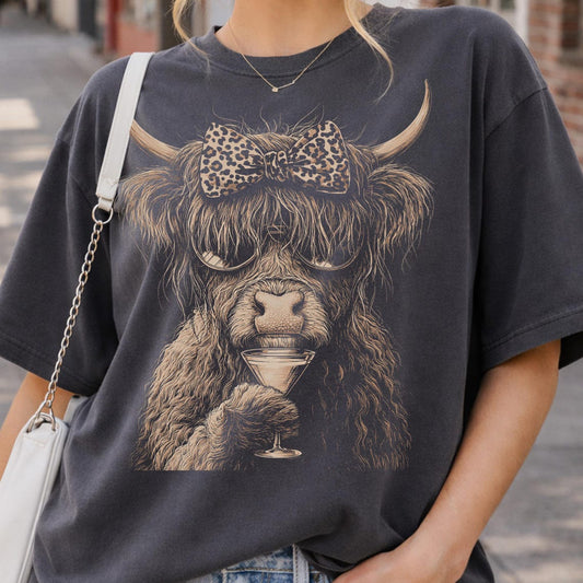 DTF Transfer Highland Cow Bow Martini Glass Western