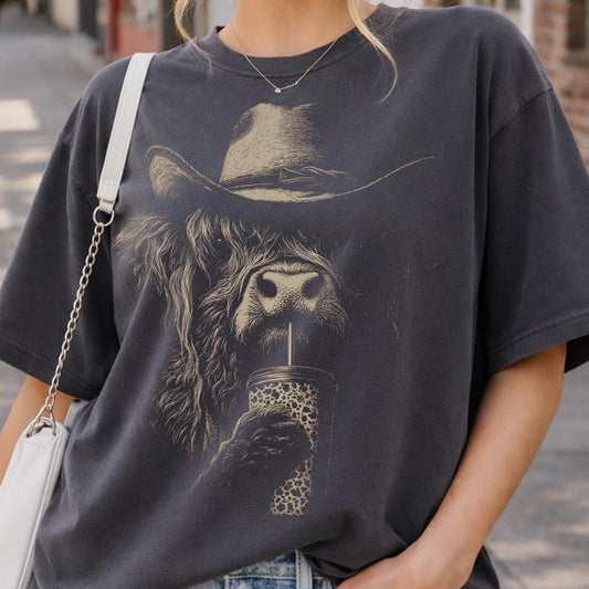 DTF Transfer Highland Cow Cowboy Drinking Iced Coffee Western