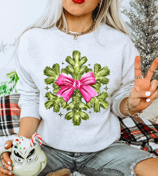 DTF Transfer Pink Bow with Pine Wreath – Sparkling Christmas Greenery