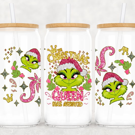 UV DTF Cup Wrap – Christmas Queen Grinchh Girl | Pink Glitter Holiday Design