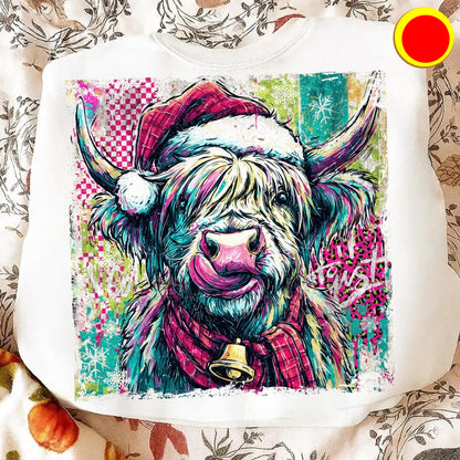 DTF Transfer Highland Cow Christmas – Colorful Santa Hat Holiday Design