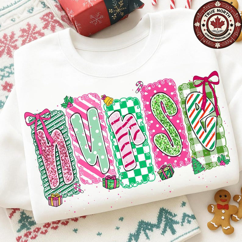DTF Transfer Nurse Christmas – Festive Candy Cane & Plaid Lettering