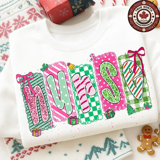 DTF Transfer Nurse Christmas – Festive Candy Cane & Plaid Lettering
