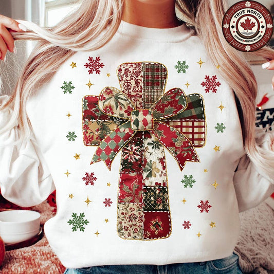 DTF Transfer Christmas Cross – Patchwork Bow Holiday Design