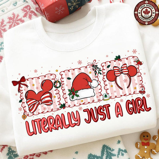 DTF Transfer – Literally Just a Girl Santa Hat & Bow Theme