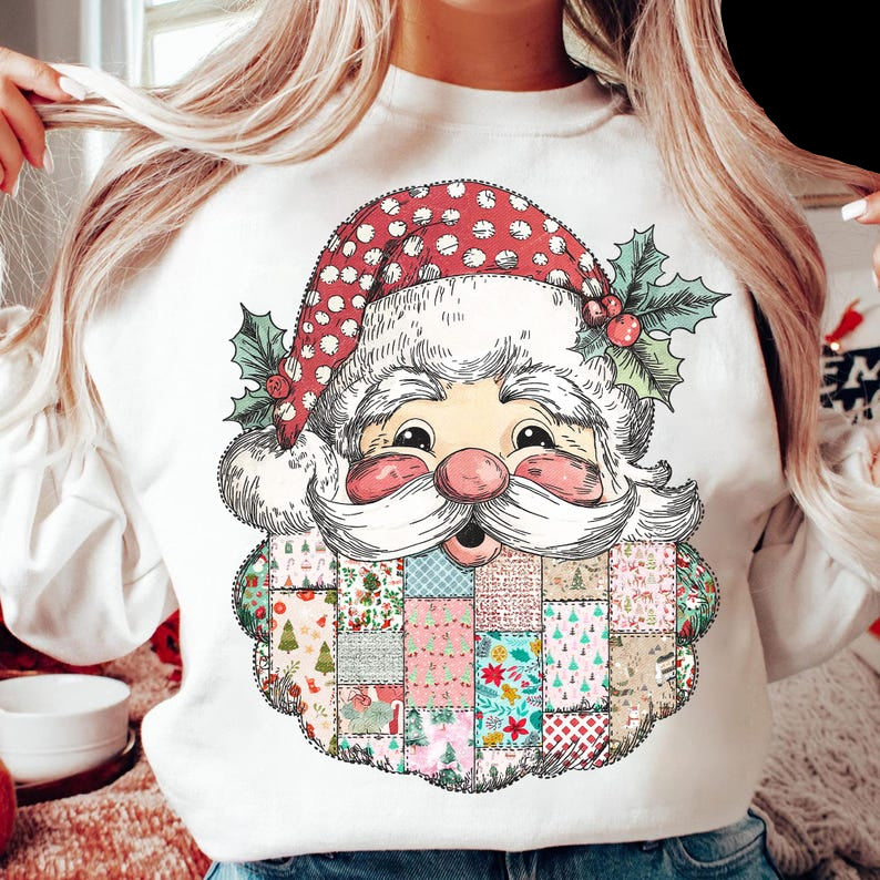DTF Transfer Santa Patchwork Beard – Vintage Christmas Design