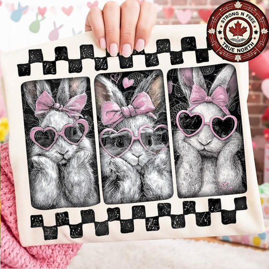 DTF Transfer Cute Bunny Trio Pink Bow Heart Glasses