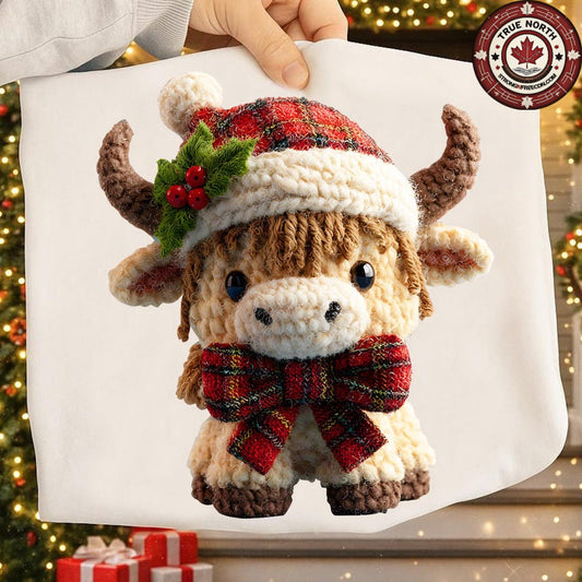 DTF Transfer Wool Effect Cozy Holiday Buffalo with Tartan Bow & Santa Hat