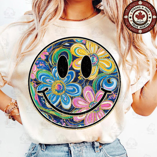 DTF Transfer Floral Smiley Face Retro Hippie