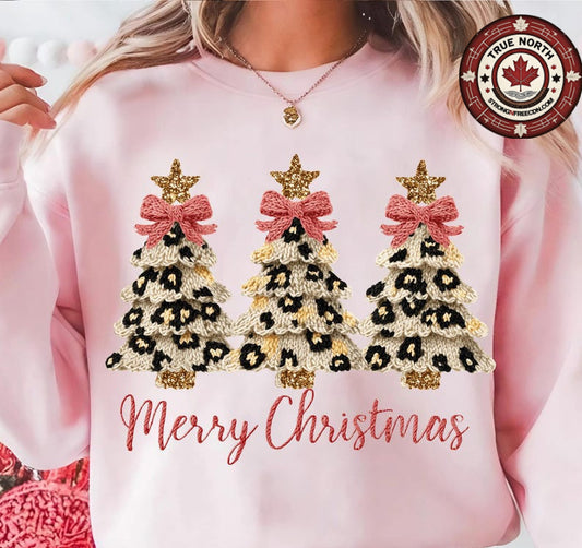 DTF Transfer Wool Style Merry Christmas – Leopard Knit Tree Trio with Bows