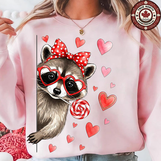DTF Transfer Valentines Cute Raccoon Heart Glasses & Lollipop