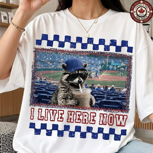 DTF Transfer I Live Here Now Raccoon Baseball