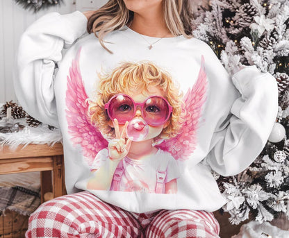 Sweatshirt Crew Hoodie Or T-Shirt  Happy Valentines Angle With Bubble Gum Glasses