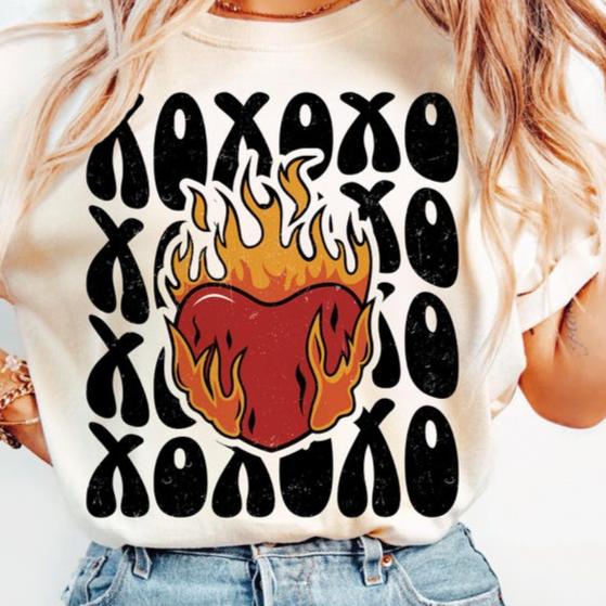 DTF Transfer Valentines - XOXO Flaming Heart Design