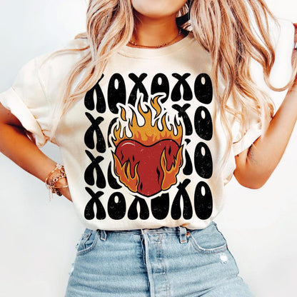 Hoodie Sweatshirt Crew T-Shirt  Valentines - XOXO Flaming Heart Design