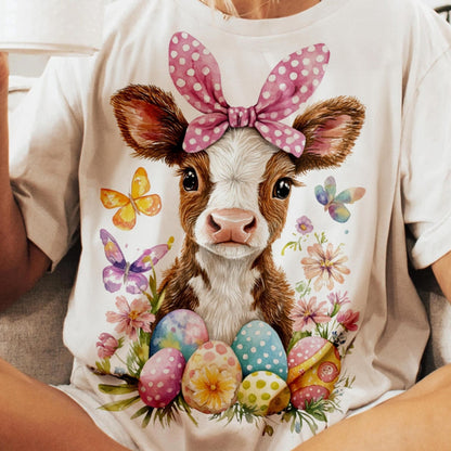 DTF Transfer Easter Cow with Bow Spring Floral Farm Design