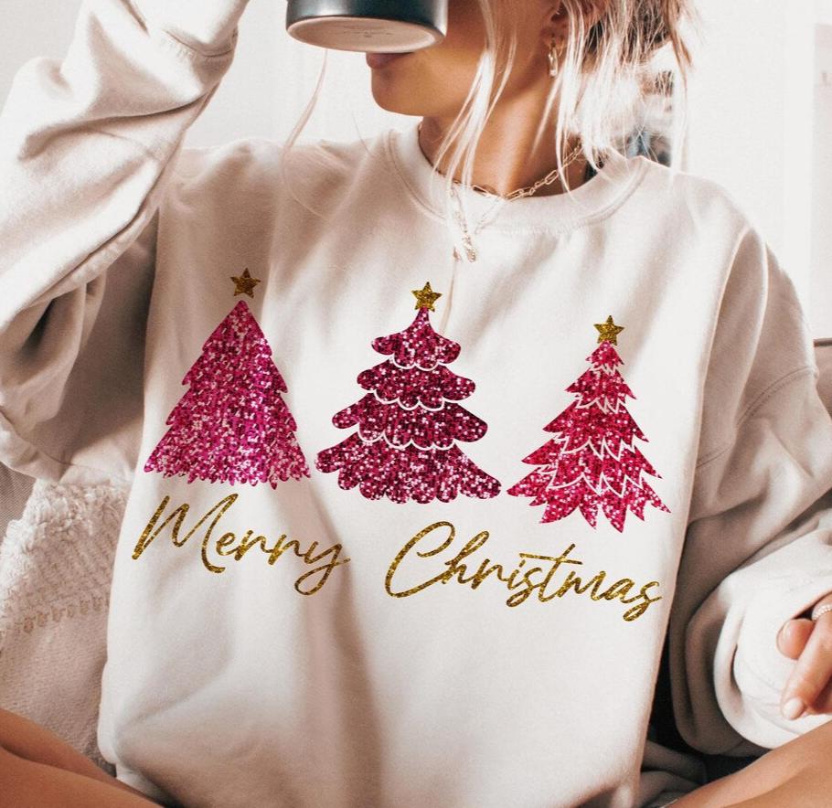 Sweatshirt Crew Neck Hoodie Or T-Shirt Christmas Trees Pink