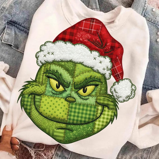DTF Transfer Christmas Grinchh Patchwork Santa Hat