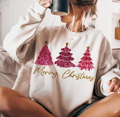 Sweatshirt Crew Neck Hoodie Or T-Shirt Christmas Trees Pink